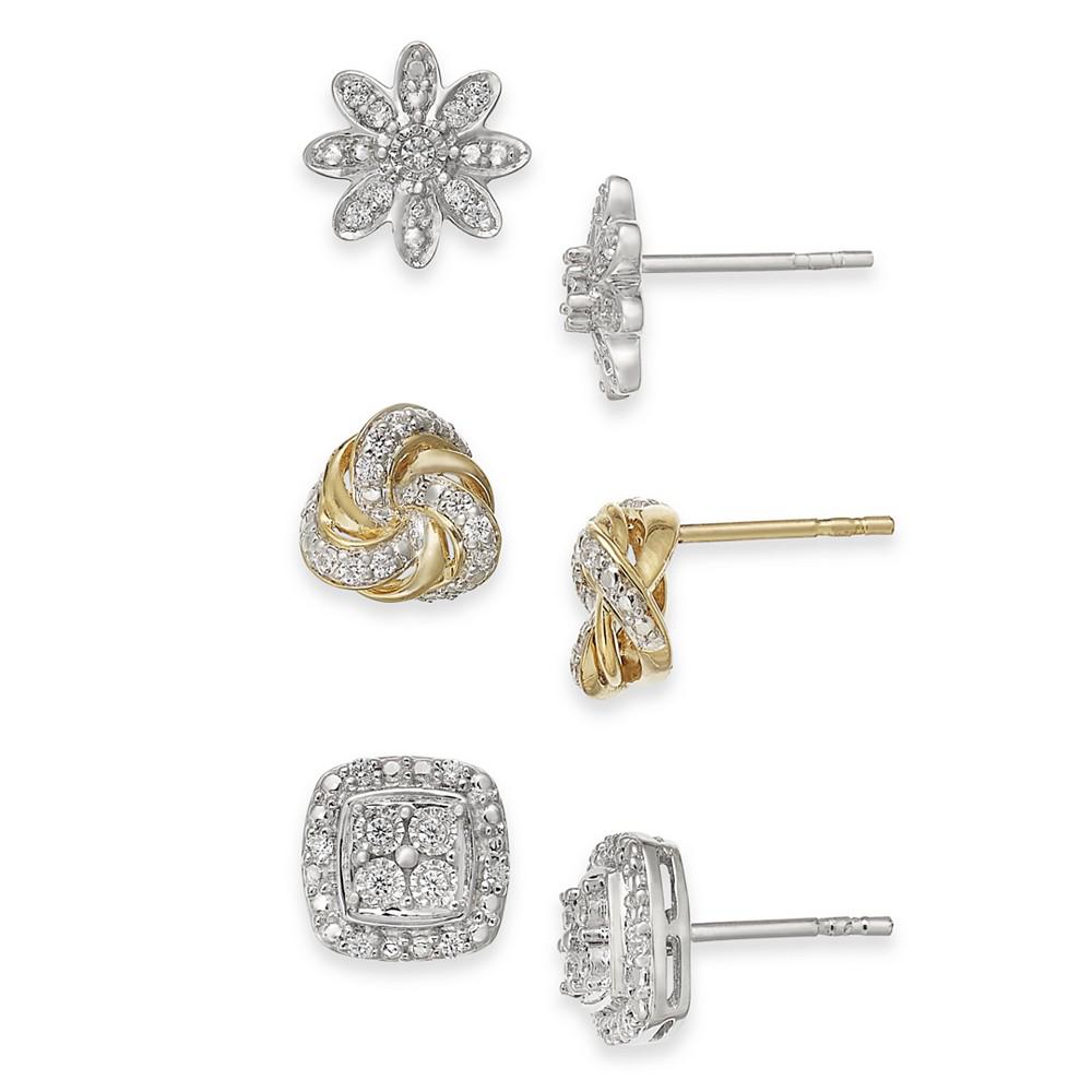 3-Pc. Diamond Stud Earrings Set (1/4 ct. t.w.) in Sterling Silver & 14k Gold-Plate商品第3张图片规格展示
