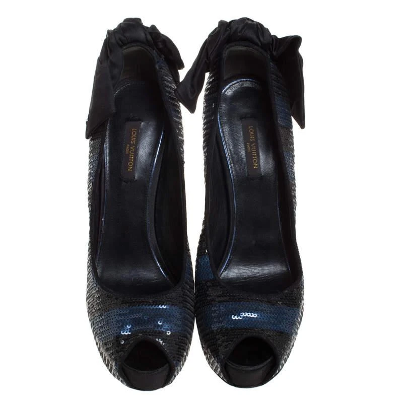 商品[二手商品] Louis Vuitton|Louis Vuitton Blue/Black Sequin Peep Toe Platform Pumps Size 39,价格¥2275,第3张图片详细描述