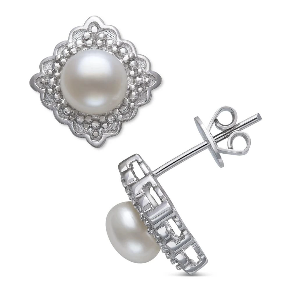 商品Belle de Mer|Cultured Freshwater Button Pearl (6mm) & Diamond Accent Stud Earrings in Sterling Silver,价格¥1116,第1张图片