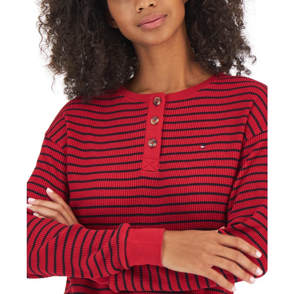 Women's Long-Sleeve Striped Boxy Henley Top商品第3张图片规格展示