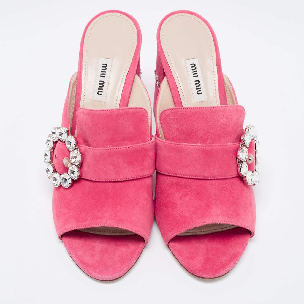 Miu Miu Pink Suede Crystals Embellished Slide Sandals Size 37商品第3张图片规格展示