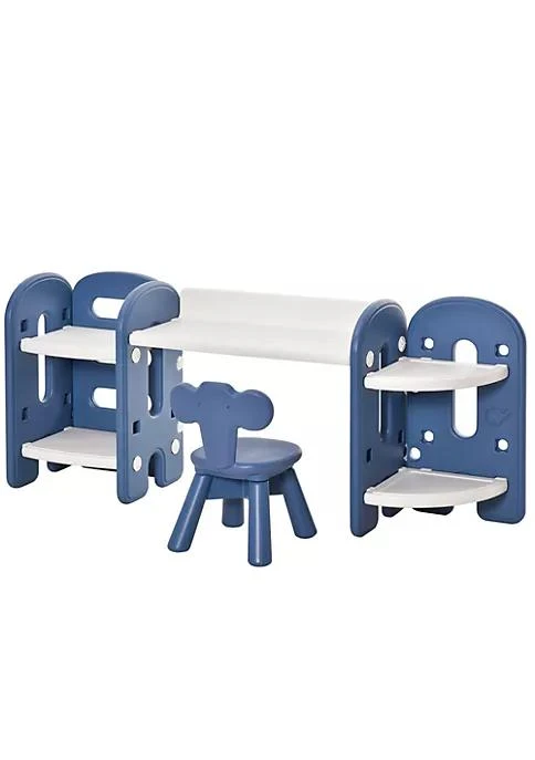 商品Qaba|Kids Table And Chair Set Activity Desk With Bookshelf And Storage For Study Activities Arts Or Crafts Blue And White,价格¥457,第1张图片