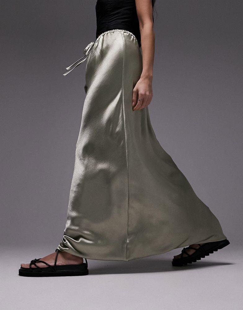 Topshop drawstring liquid look maxi bias skirt in khaki商品第2张图片规格展示