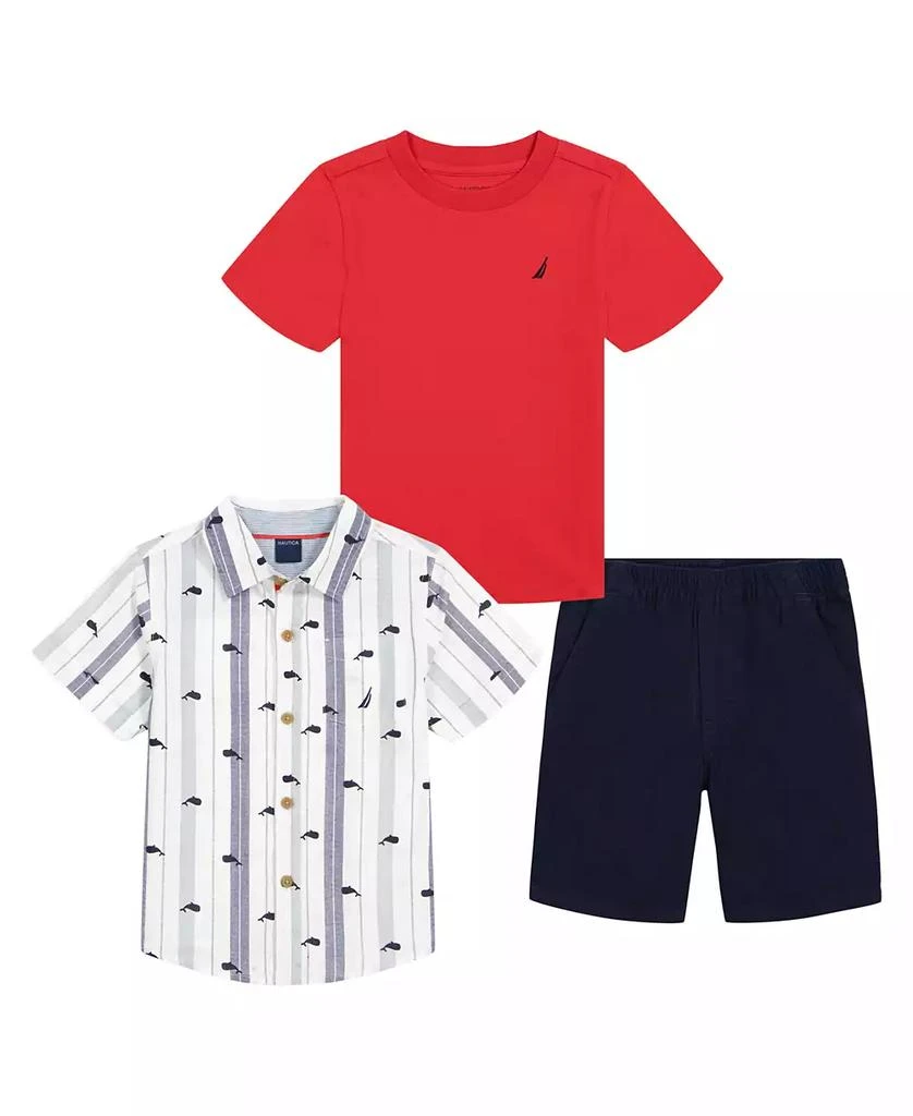 商品Nautica|Baby Boys Short Sleeve T-shirt, Print-Stripe Shirt and Twill Shorts, 3-Pc Set,价格¥125,第1张图片