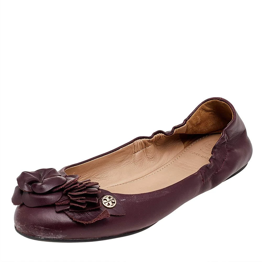 商品[二手商品] Tory Burch|Tory Burch Burgundy Leather Flower Scrunch Ballet Flats Size 35.5,价格¥883,第1张图片