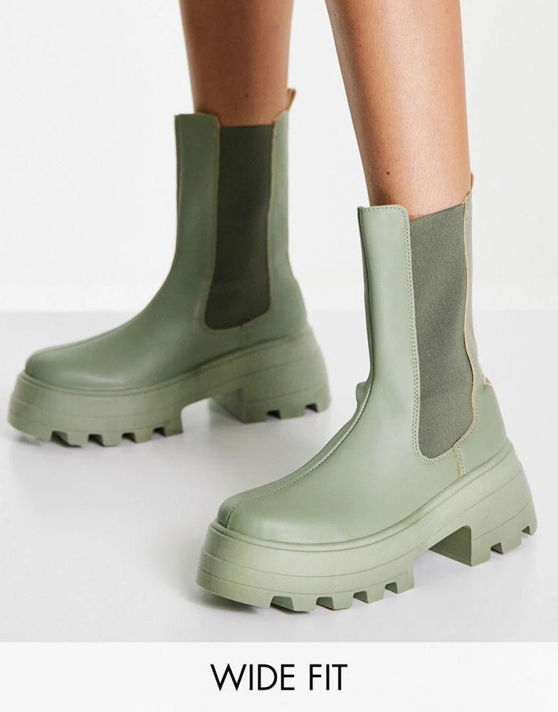 商品ASOS|ASOS DESIGN Wide Fit Ada chunky chelsea boots in khaki,价格¥185,第1张图片