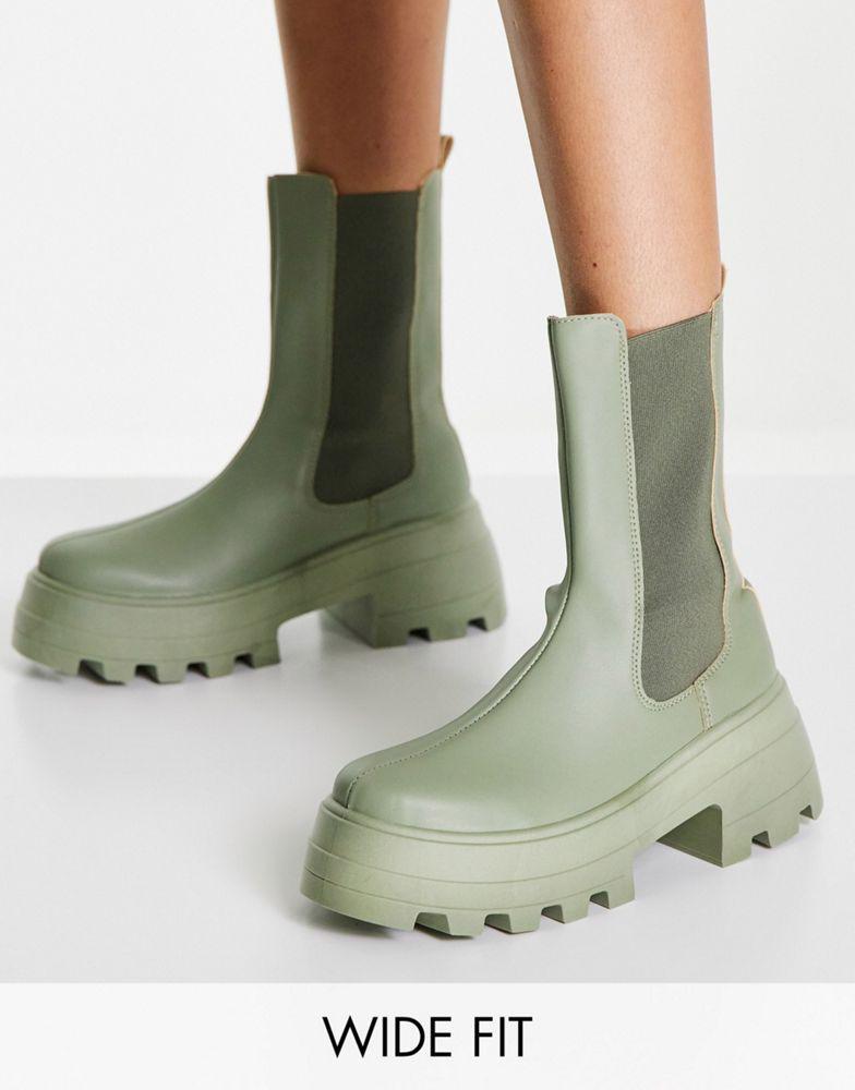 商品ASOS|ASOS DESIGN Wide Fit Ada chunky chelsea boots in khaki,价格¥166,第1张图片