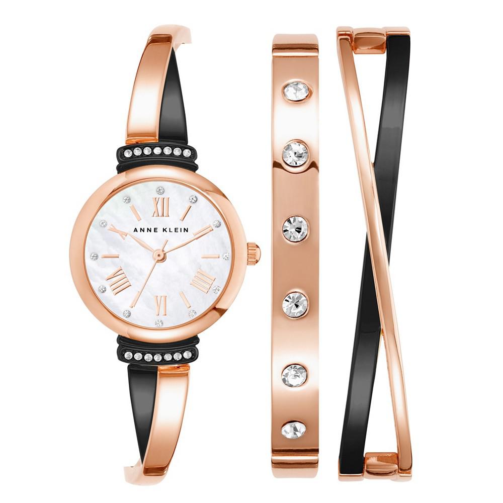 Women's Rose Gold-Tone and Black Alloy Bangle with Crystal Accents Fashion Watch 33mm Set 3 Pieces商品第1张图片规格展示