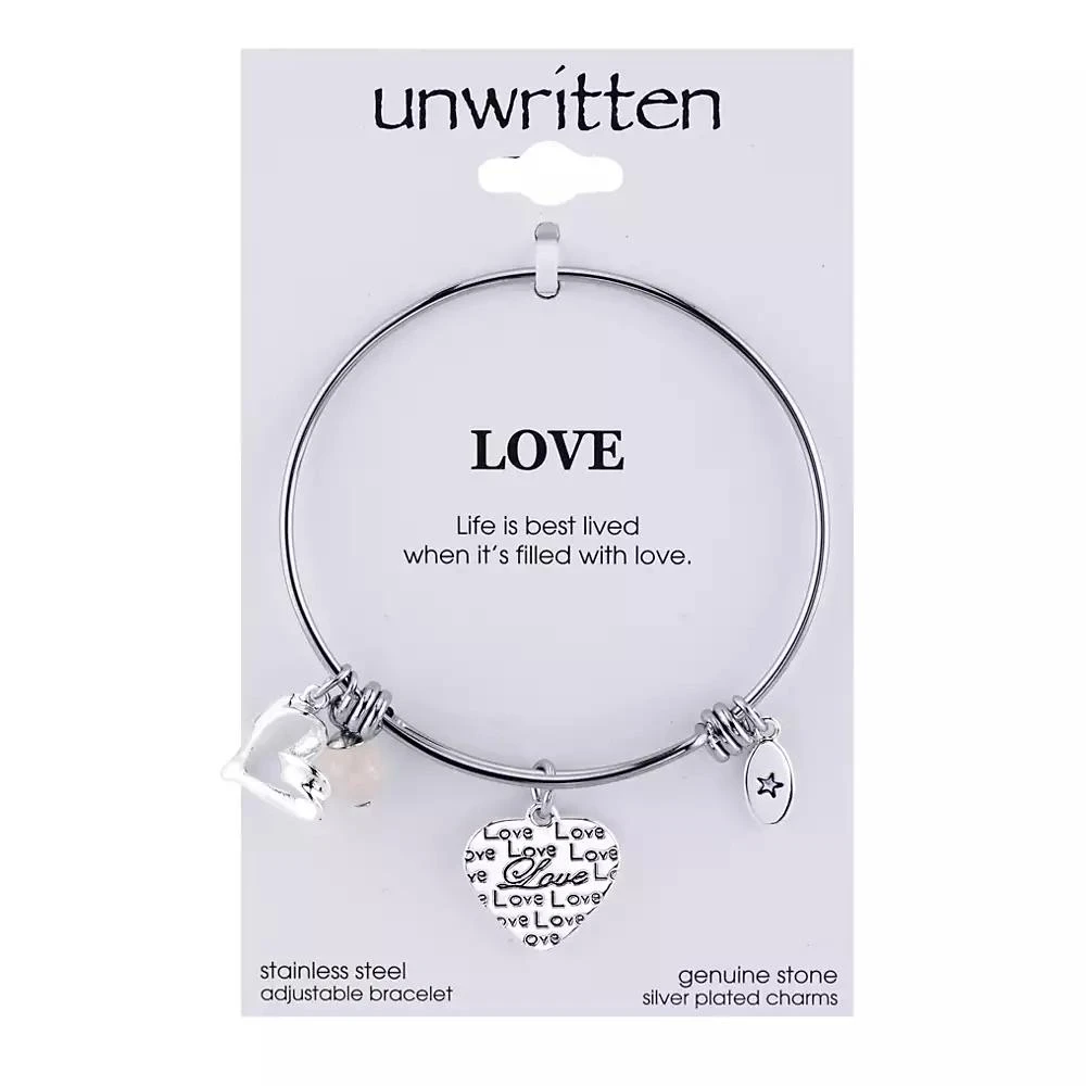 商品Unwritten|Love Charm and Rose Quartz (8mm) Bangle Bracelet in Stainless Steel with Silver Plated Charms,价格¥103,第1张图片