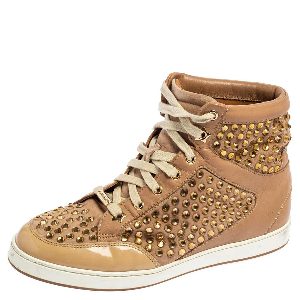 商品[二手商品] Jimmy Choo|Jimmy Choo Beige Patent Leather and Leather Crystal Studded Tokyo High Top Sneakers Size 36,价格¥1547,第1张图片