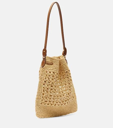 商品Miu Miu|Logo leather-trimmed raffia bucket bag,价格¥9576,第4张图片详细描述
