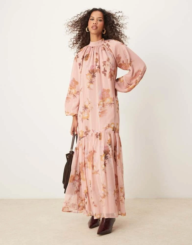 商品ASOS|ASOS DESIGN smock tie bow back maxi dress in pink blurred floral print,价格¥622,第1张图片