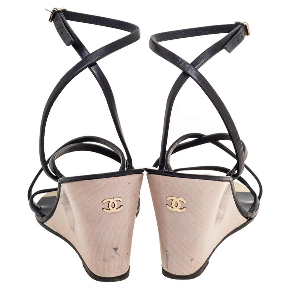 商品[二手商品] Chanel|Chanel Black Leather Strappy Ankle Wedge Sandals Size 36,价格¥1505,第5张图片详细描述