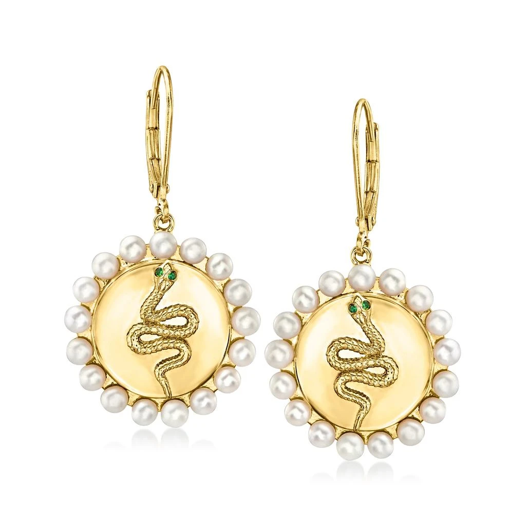 商品Ross-Simons|Ross-Simons 3mm Cultured Pearl Snake Drop Earrings With Tsavorite Accents in 18kt Gold Over Sterling,价格¥1484,第1张图片