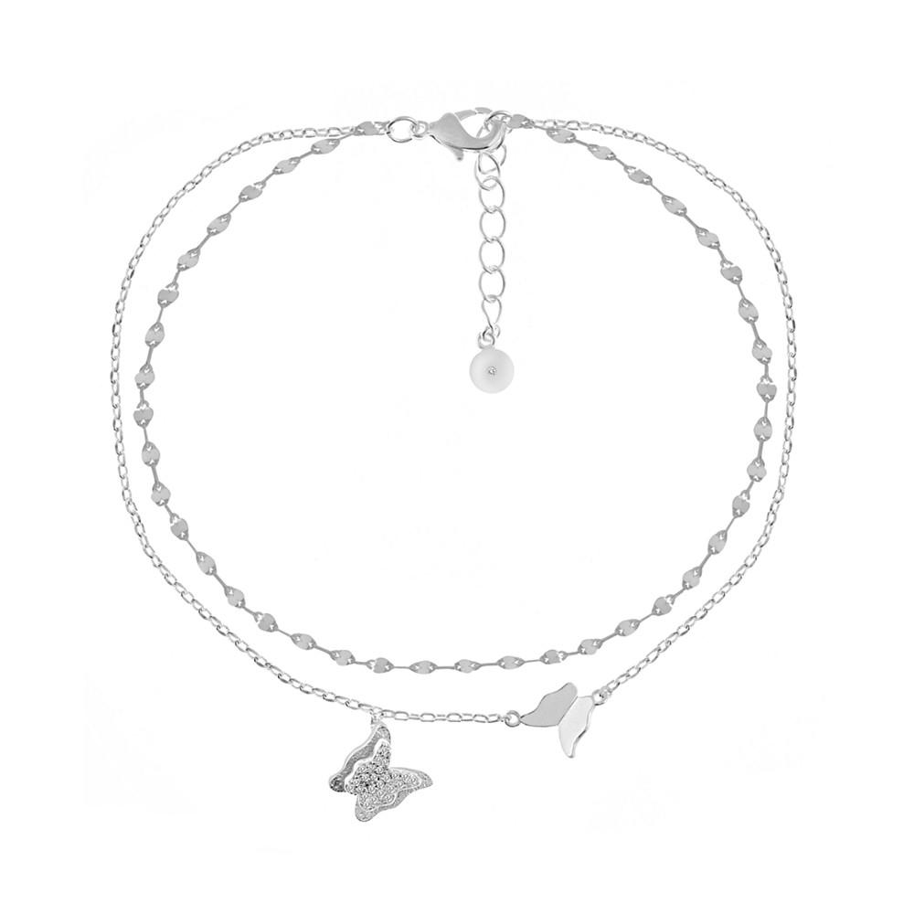Cubic Zirconia Double Row Butterfly Charm Anklet in Silver Plate商品第1张图片规格展示