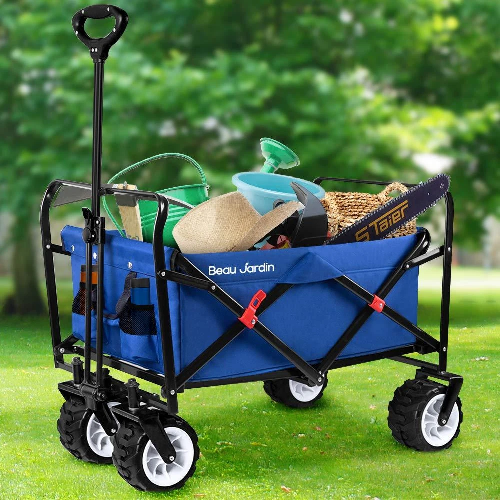 BEAU JARDIN Folding Beach Wagon 460 Pound Collapsible Foldable Wagon with All Terrain Big Wheels Heavy Duty Utility Groacery Cart for Camping Garden Sports Blue 商品