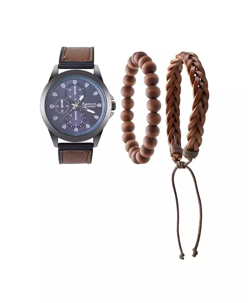 商品American Exchange|Men's Quartz Movement Brown Leather Analog Watch, 47mm and Stackable Bracelet Set with Zippered Pouch,价格¥303,第1张图片