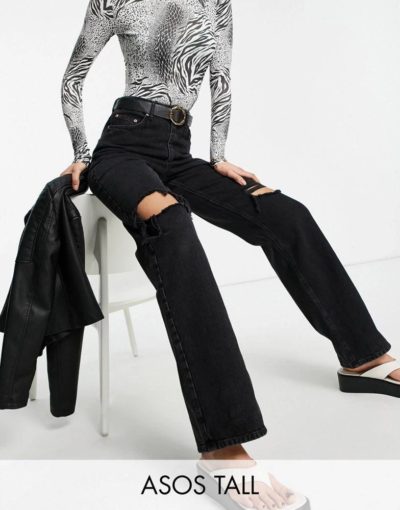 商品ASOS|ASOS DESIGN Tall high rise 'relaxed' dad jeans in washed black with rips,价格¥140,第1张图片
