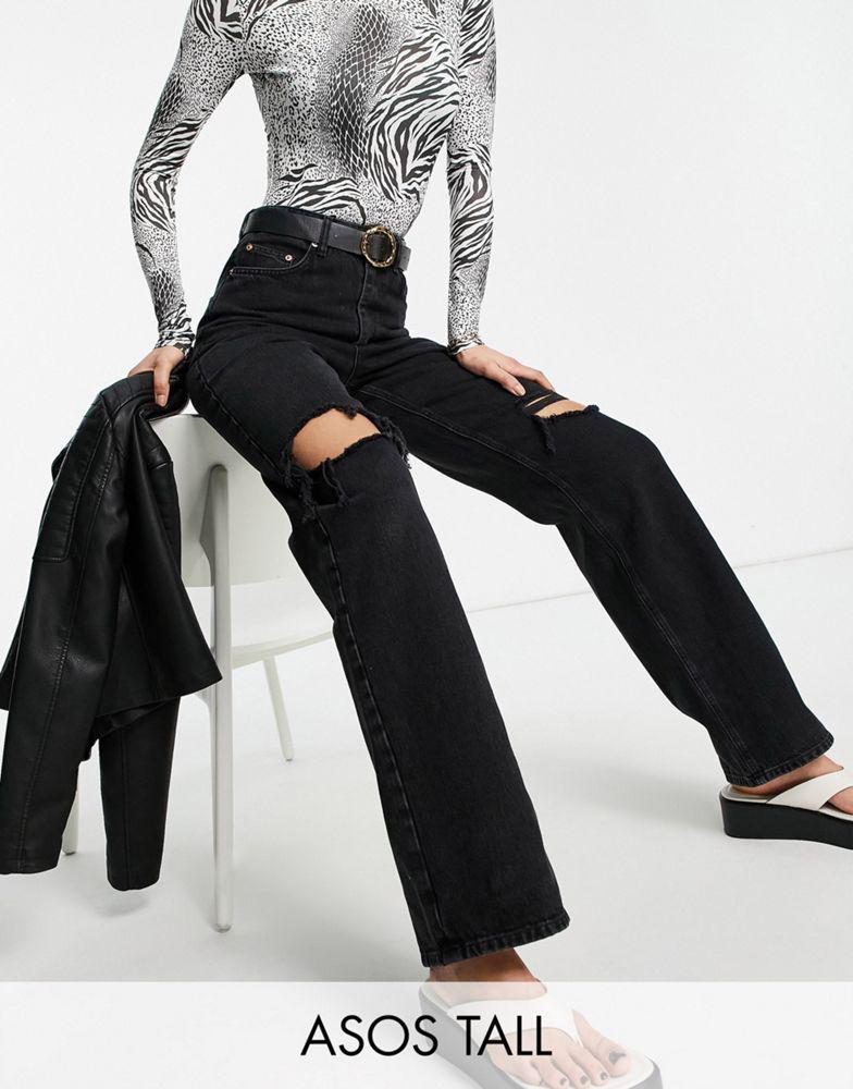 商品ASOS|ASOS DESIGN Tall high rise 'relaxed' dad jeans in washed black with rips,价格¥135,第1张图片