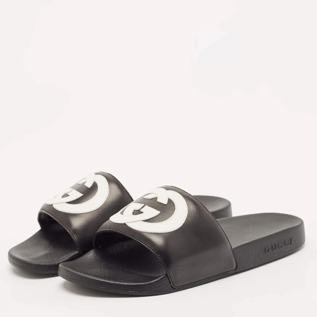 商品Gucci|Gucci Black/White Leather Interlocking G Pool Slides Size 42,价格¥3179,第2张图片详细描述