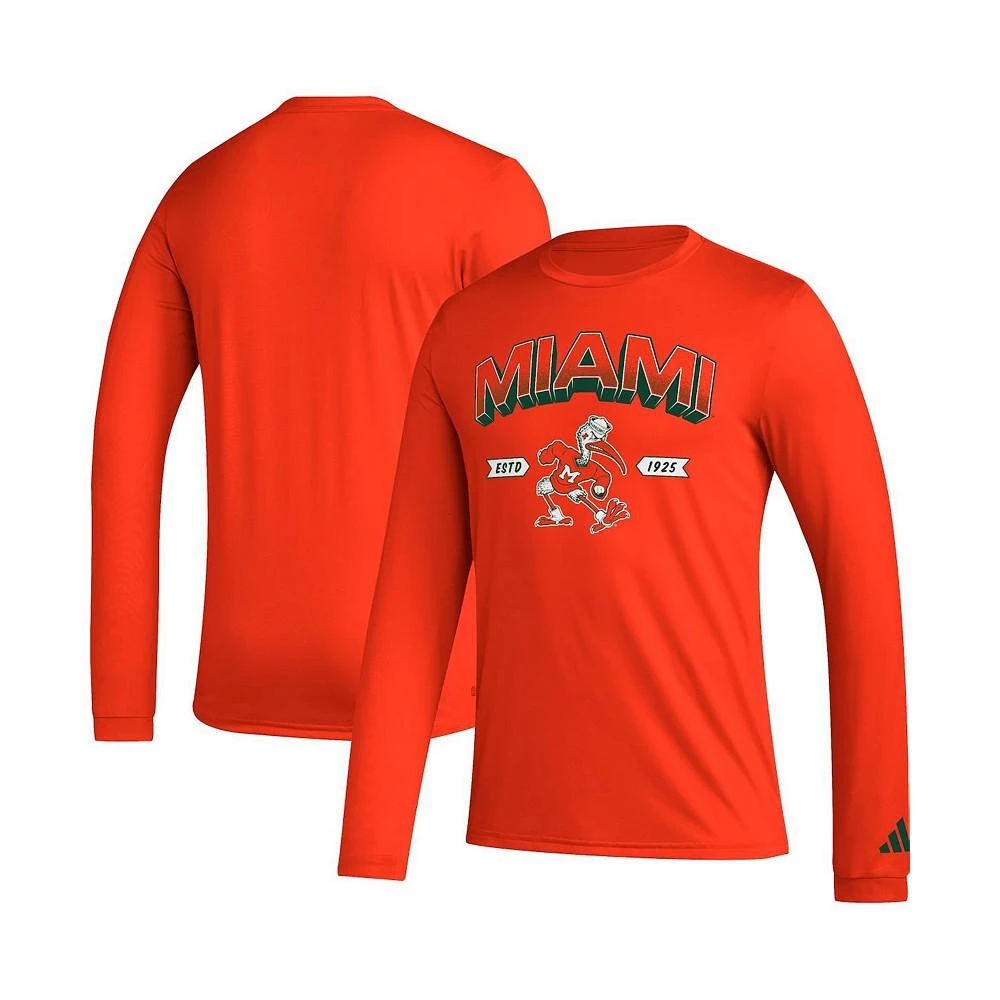 商品Adidas|Men's Orange Miami Hurricanes Mighty Mascot Pregame Long Sleeve T-shirt,价格¥242,第1张图片