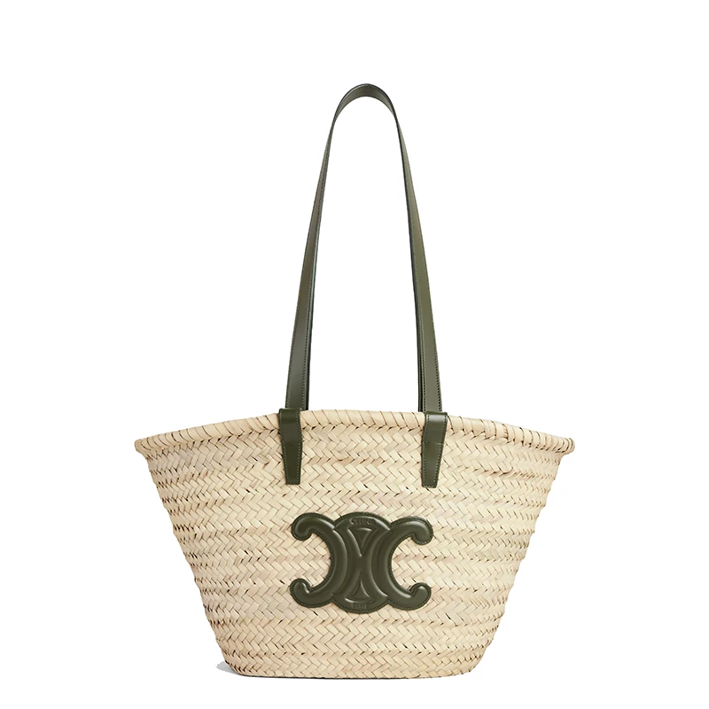商品Celine|【包税】CELINE/赛琳 CLASSIC TRIOMPHE系列 女士中号原色棕榈叶配卡其色小牛皮细节单肩斜跨手工编织篮子包192622CGG.15KH,价格¥4887,第1张图片