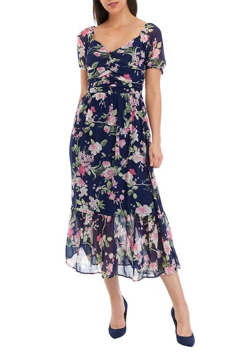 Luxology Womens Short Sleeve Floral Print Chiffon Midi Dress - Dresses &  Skirts - BeyondStyle