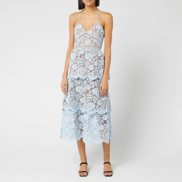 商品Self Portrait|Self-Portrait Women's Flower Lace Midi Tiered Dress - Light Blue,价格¥1369,第1张图片