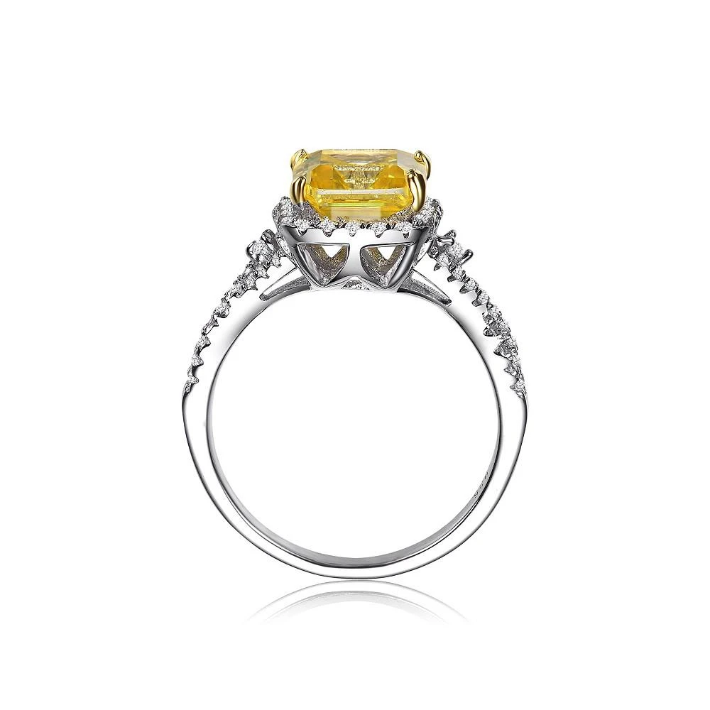 商品Genevive|Sterling Silver White Gold Plated Yellow Cushion Cubic Zirconia with Clear Round Cubic Zirconias Accent Twisted Ring,价格¥804,第3张图片详细描述
