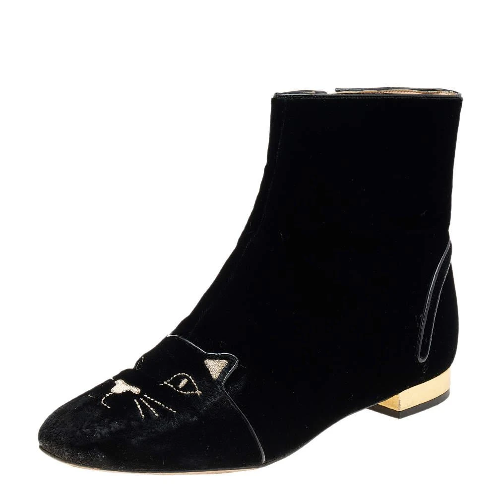 商品[二手商品] Charlotte Olympia|Charlotte Olympia Black Velvet Cat Embroidered Ankle Boots Size 39,价格¥890,第1张图片