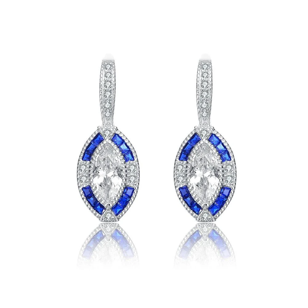 商品Genevive|Sterling Silver with White Gold  Plated and Sapphire Cubic Zirconia Leverback Earrings,价格¥509,第3张图片详细描述