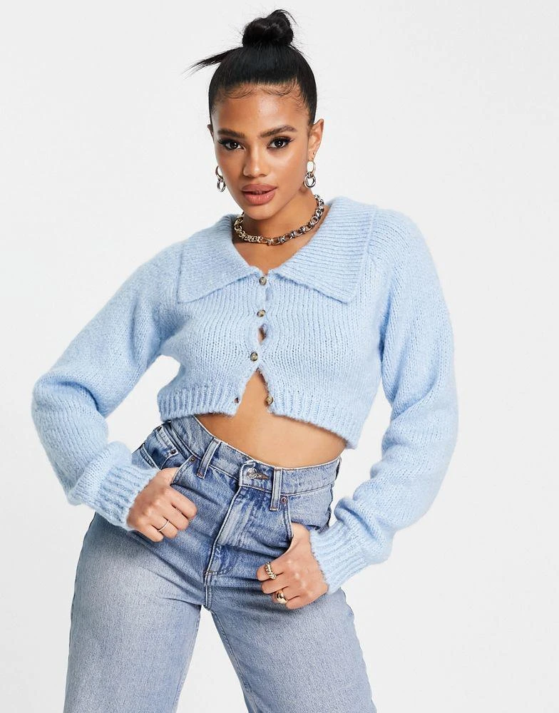 商品Topshop|Topshop knitted collar crop cardi in baby blue,价格¥156,第3张图片详细描述