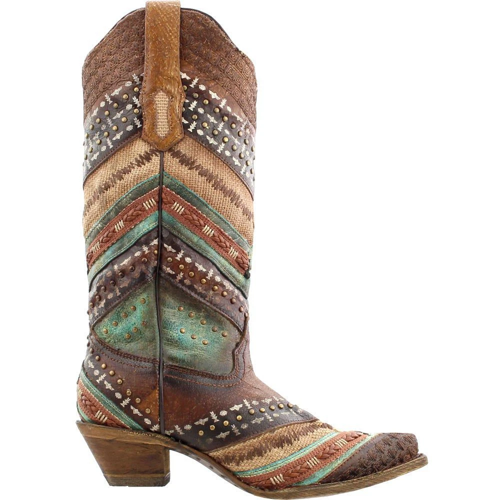 商品Corral Boots|Southwest Tooled-Inlay & Studs Snip Toe Cowboy Boots,价格¥1582,第1张图片