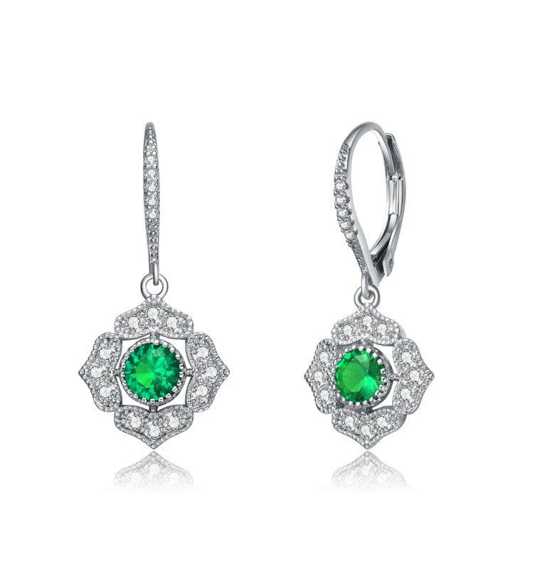 商品Genevive|GENEVIVE Sterling Silver Emerald Cubic Zirconia Petal Flower Drop Earrings,价格¥415,第1张图片