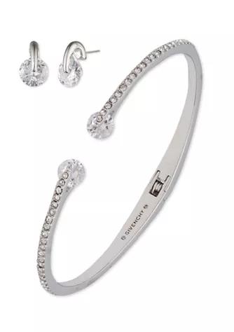 Silver Tone Crystal Floating Stone Bracelet and Earrings Set商品第1张图片规格展示