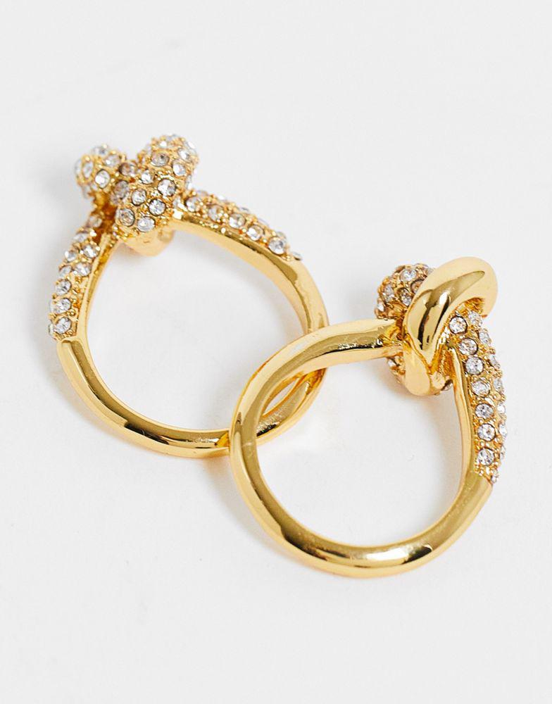 ASOS DESIGN 14k gold plated pack of 2 rings in knot design with crystal商品第4张图片规格展示