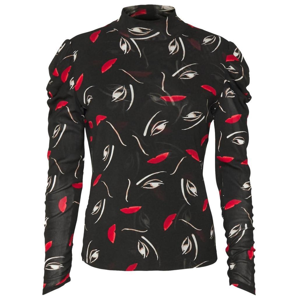 商品Diane von Furstenberg|New Remy Mock Neck Top In Floating Faces Black,价格¥1275,第1张图片