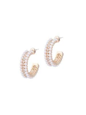 商品Eye Candy LA|Luxe Goldtone, Glass Pearl & Crystal Huggie Earrings,价格¥184,第1张图片