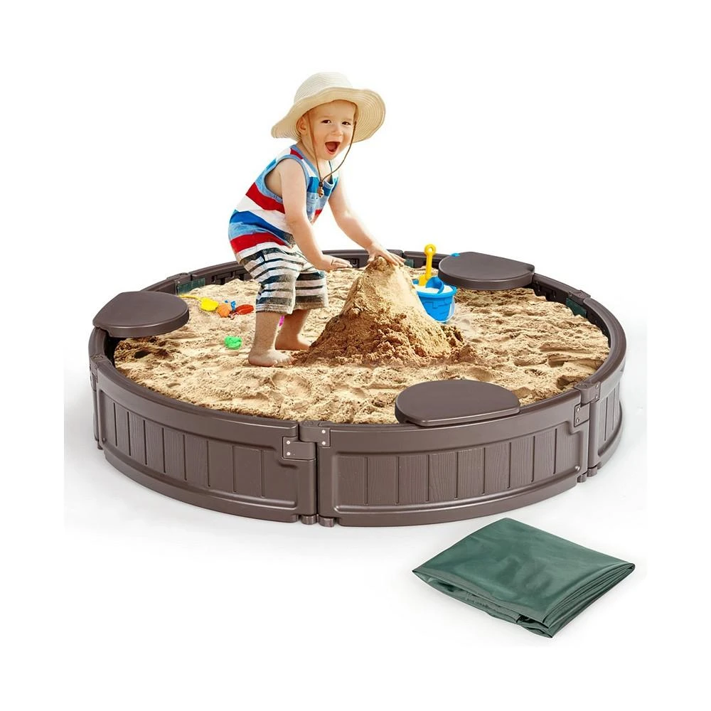 商品Costway|4F Wooden Sandbox w/Built-in Corner Seat, Cover, Bottom Liner for Outdoor Play,价格¥673,第1张图片