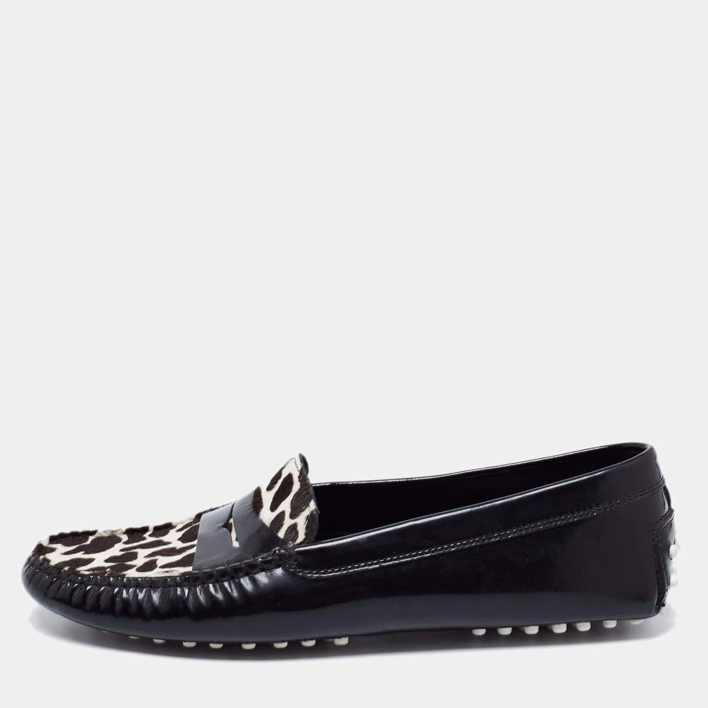 商品[二手商品] Tod's|Tod's Leather Black/White Animal Print Calf Hair And Patent Leather Slip On Loafers Size 39,价格¥1403,第1张图片