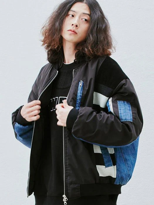 商品QUIETIST|Washed Fabric Mixed MA-1 Jacket Black,价格¥1186,第1张图片