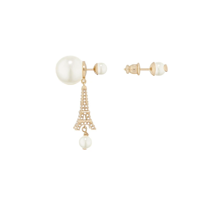 商品Dior|Dior/迪奥 23年新款 TRIBALES女士金色饰面金属白色树脂珠饰铁塔吊饰耳环,价格¥3448,第1张图片