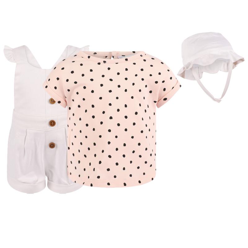 Polka dot set of jumpsuit t shirt and baby cap in in pink white and black商品第1张图片规格展示