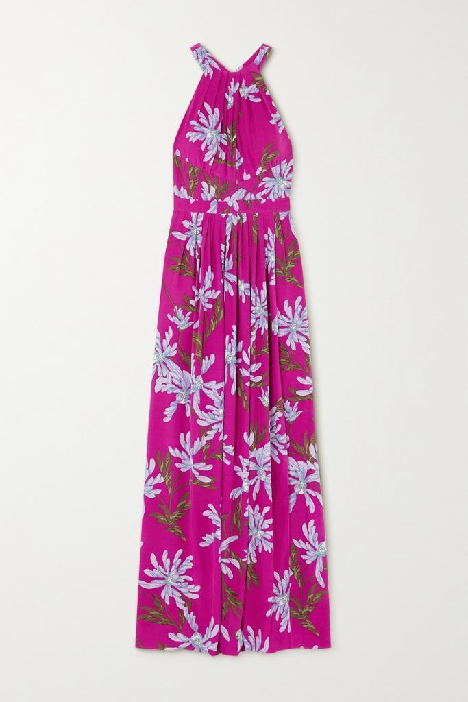 商品Diane von Furstenberg|Ziva 花卉印花绉纱挂脖超长连衣裙  - US0,价格¥5246,第1张图片