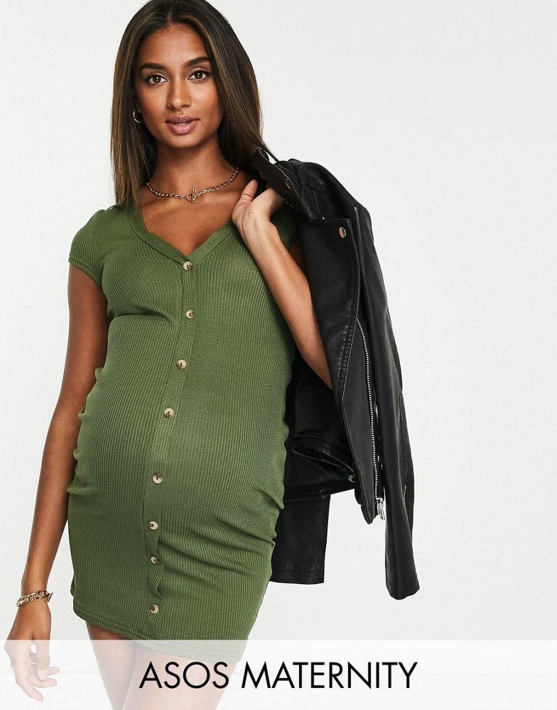 商品ASOS|ASOS DESIGN Maternity ribbed cap sleeve mini shirt dress in khaki,价格¥131,第1张图片