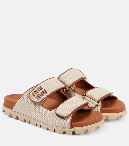 サンダル・ミュール MIU MIU 5XX644_Q1D_F062F CANVAS AND LEATHER SLIDES Miu Miu Canvas Sandals Naturale (Women's) - 5XX644 Q1D F062F