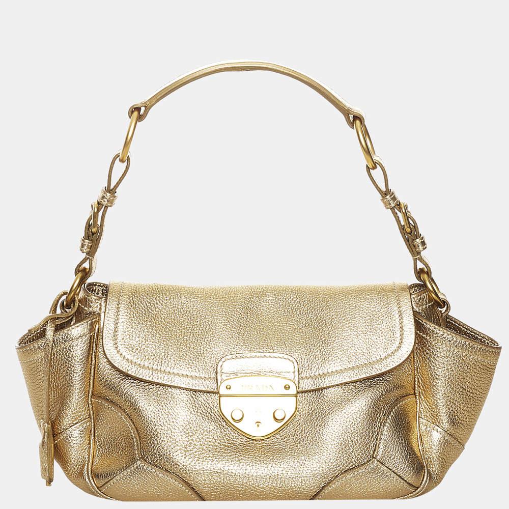 Prada Gold Sound Lock Leather Shoulder Bag商品第1张图片规格展示