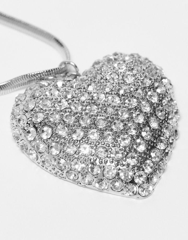 Reclaimed Vintage statement heart sparkly necklace in silver商品第2张图片规格展示