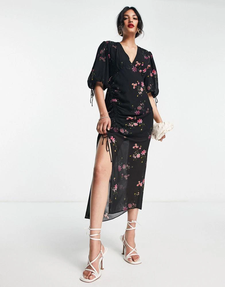 商品ALL SAINTS|AllSaints Safiya rouched split midi dress in black floral,价格¥579,第2张图片详细描述