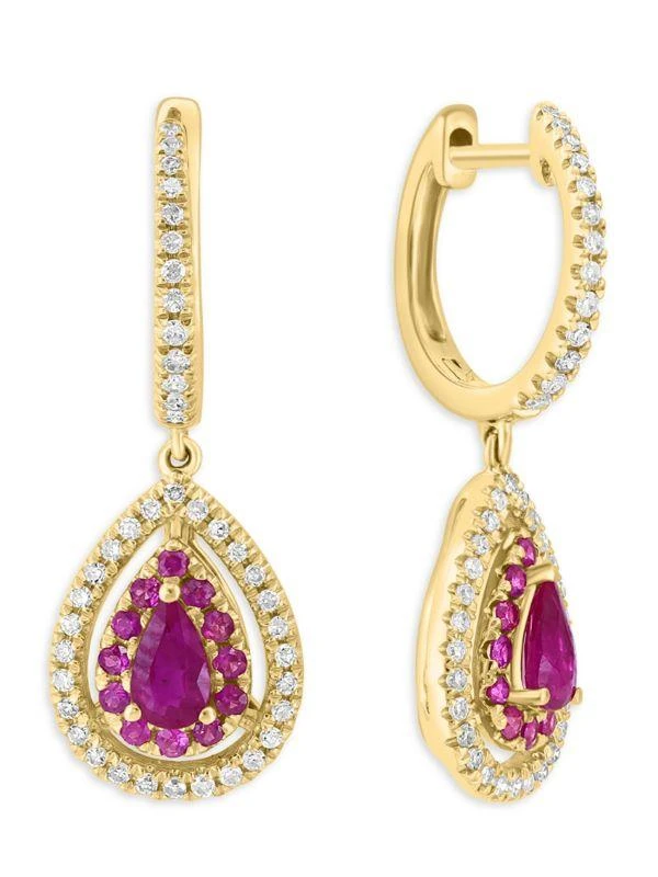 商品Effy|14K Yellow Gold, Diamond & Ruby Pear Drop Huggie Hoop Earrings,价格¥7650,第1张图片